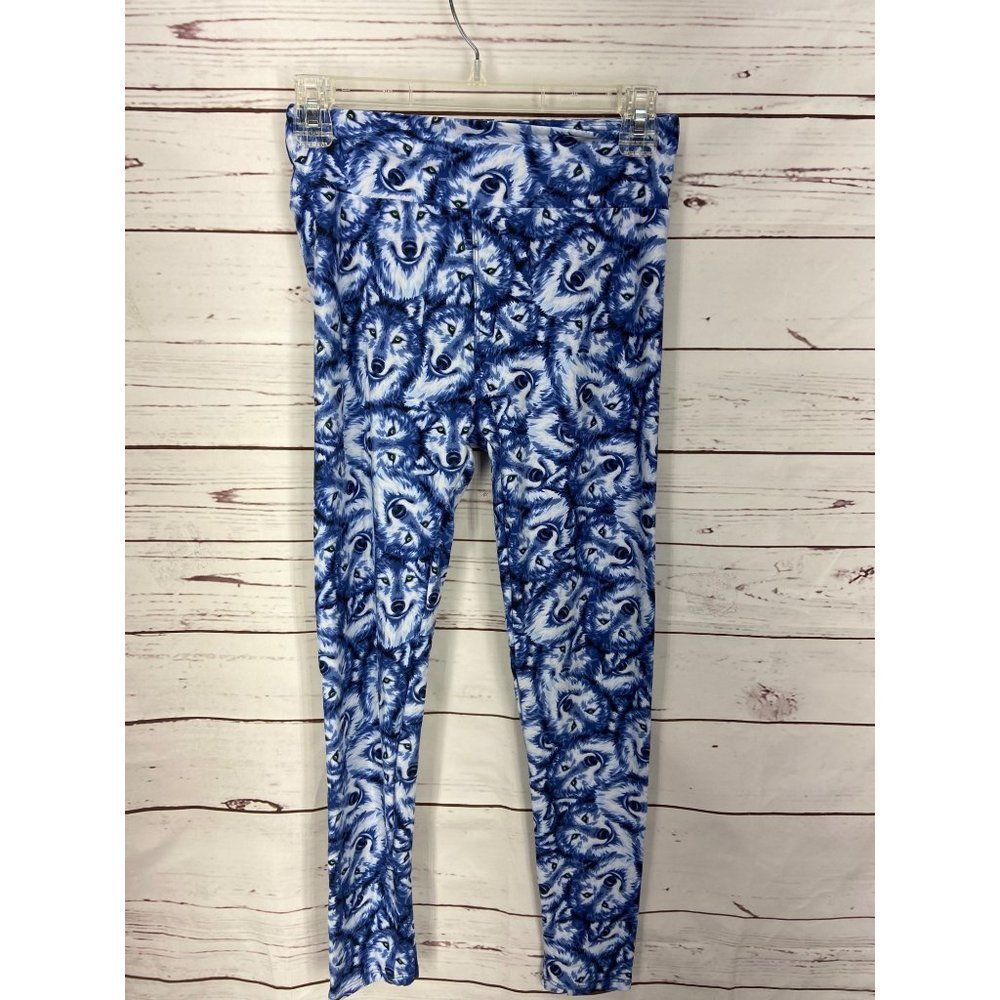 Lularoe Women's LEGGINGS One Size Wolf Design Blue And White